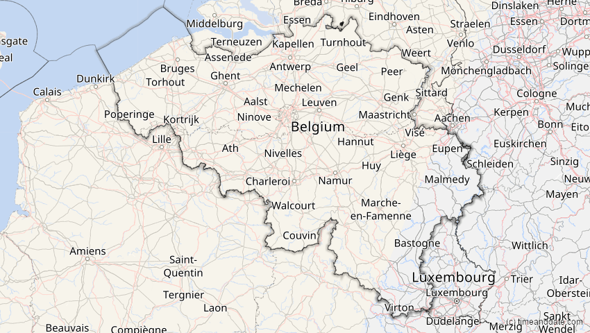 A map of Belgien, showing the path of the 21. Aug 2017 Totale Sonnenfinsternis