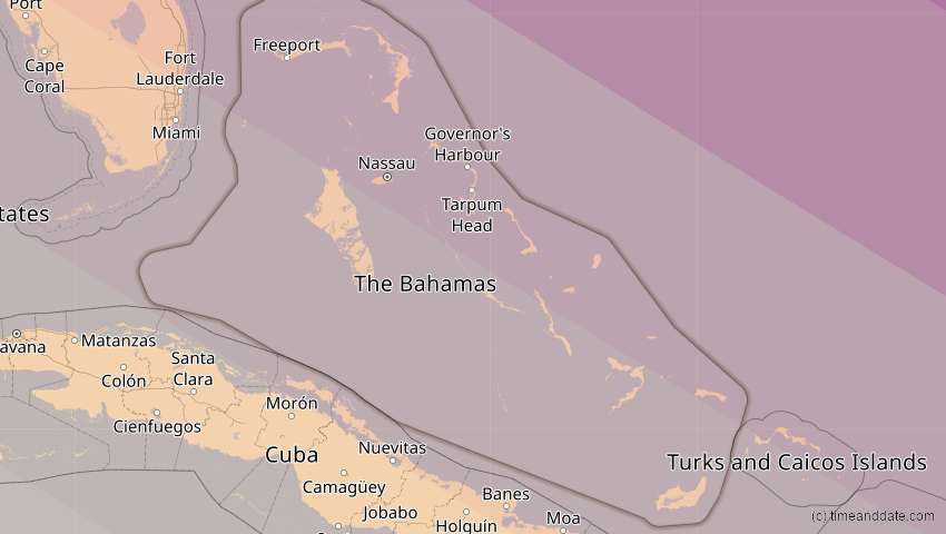 A map of Bahamas, showing the path of the 21. Aug 2017 Totale Sonnenfinsternis