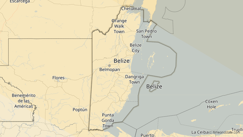 A map of Belize, showing the path of the 21. Aug 2017 Totale Sonnenfinsternis