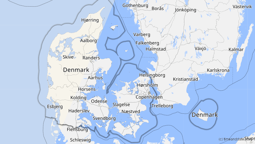 A map of Dänemark, showing the path of the 21. Aug 2017 Totale Sonnenfinsternis