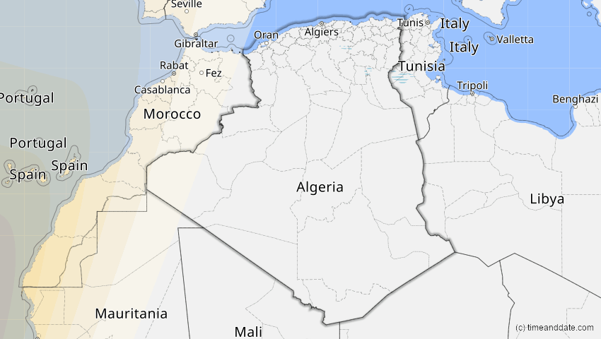A map of Algerien, showing the path of the 21. Aug 2017 Totale Sonnenfinsternis