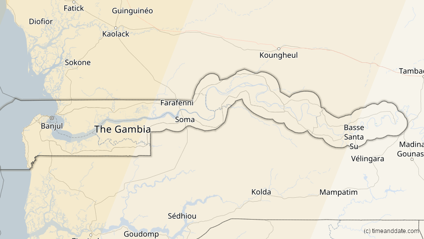 A map of Gambia, showing the path of the 21. Aug 2017 Totale Sonnenfinsternis