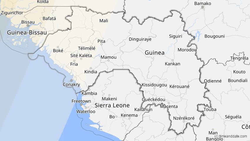 A map of Guinea, showing the path of the 21. Aug 2017 Totale Sonnenfinsternis