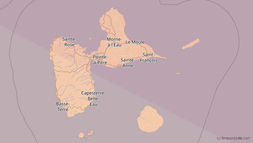 A map of Guadeloupe, showing the path of the 21. Aug 2017 Totale Sonnenfinsternis
