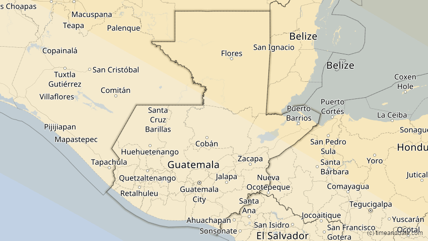 A map of Guatemala, showing the path of the 21. Aug 2017 Totale Sonnenfinsternis