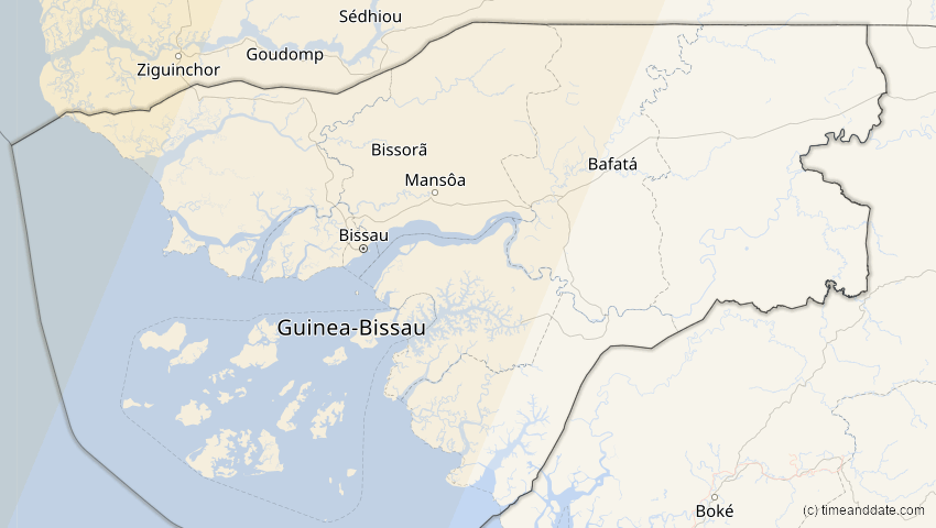 A map of Guinea-Bissau, showing the path of the 21. Aug 2017 Totale Sonnenfinsternis