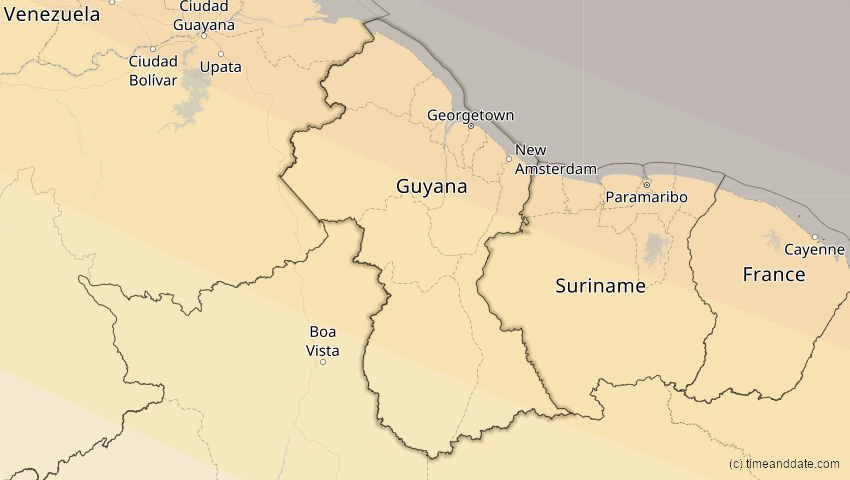 A map of Guyana, showing the path of the 21. Aug 2017 Totale Sonnenfinsternis