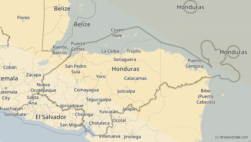 A map of Honduras, showing the path of the 21. Aug 2017 Totale Sonnenfinsternis
