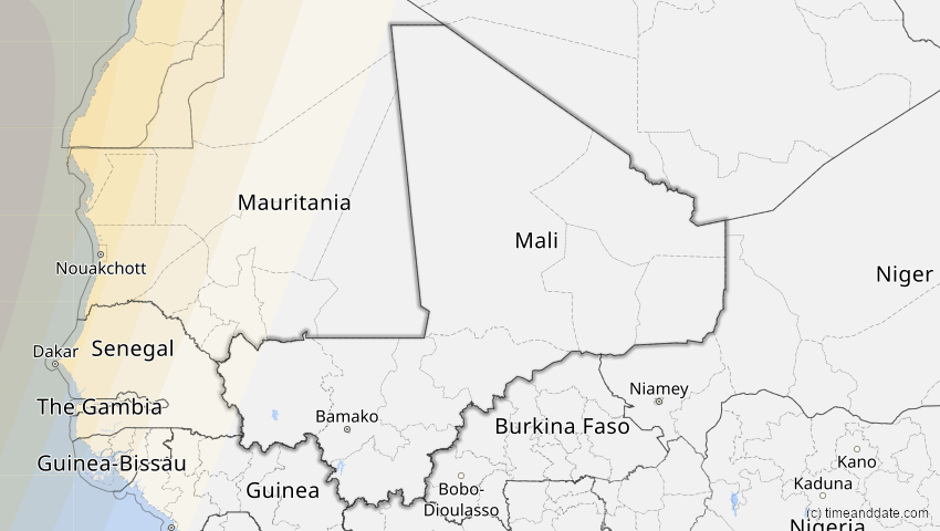 A map of Mali, showing the path of the 21. Aug 2017 Totale Sonnenfinsternis