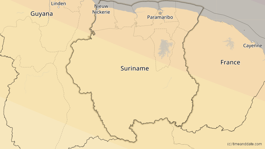 A map of Suriname, showing the path of the 21. Aug 2017 Totale Sonnenfinsternis