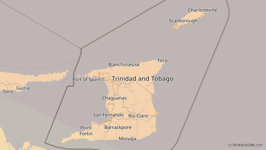 A map of Trinidad und Tobago, showing the path of the 21. Aug 2017 Totale Sonnenfinsternis