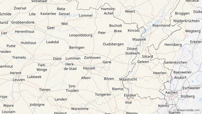 A map of Limburg, Belgien, showing the path of the 21. Aug 2017 Totale Sonnenfinsternis
