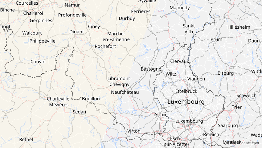 A map of Luxemburg, Belgien, showing the path of the 21. Aug 2017 Totale Sonnenfinsternis