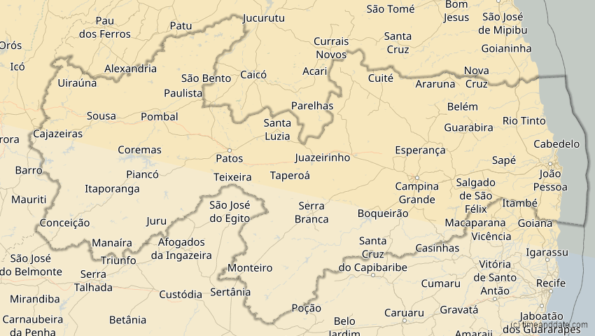 A map of Paraíba, Brasilien, showing the path of the 21. Aug 2017 Totale Sonnenfinsternis