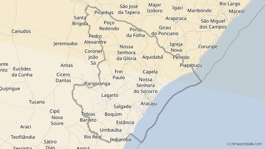 A map of Sergipe, Brasilien, showing the path of the 21. Aug 2017 Totale Sonnenfinsternis