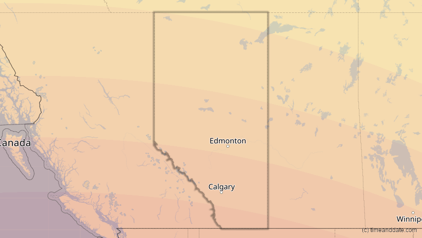 A map of Alberta, Kanada, showing the path of the 21. Aug 2017 Totale Sonnenfinsternis