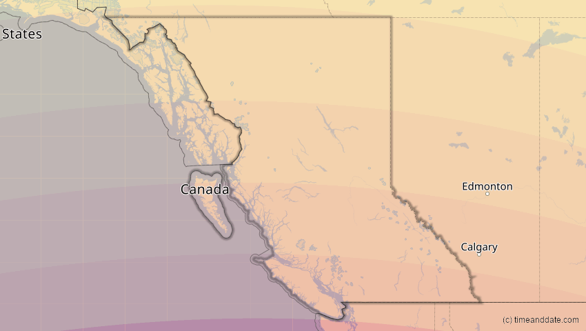 A map of British Columbia, Kanada, showing the path of the 21. Aug 2017 Totale Sonnenfinsternis