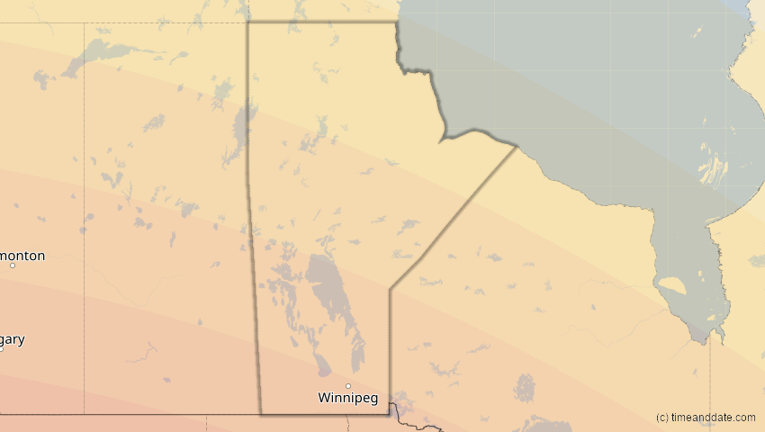 A map of Manitoba, Kanada, showing the path of the 21. Aug 2017 Totale Sonnenfinsternis