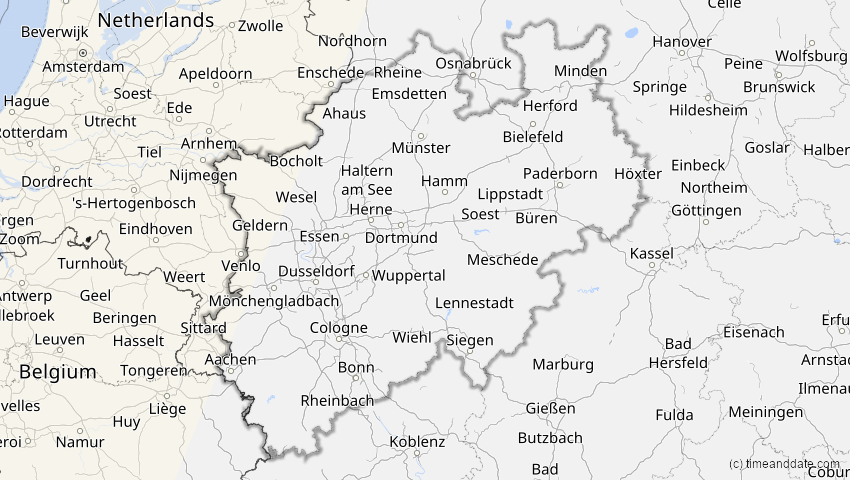 A map of Nordrhein-Westfalen, Deutschland, showing the path of the 21. Aug 2017 Totale Sonnenfinsternis