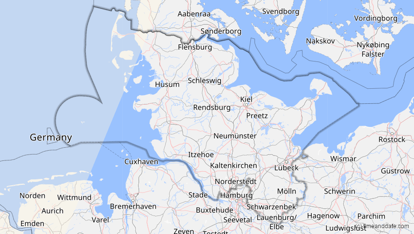 A map of Schleswig-Holstein, Deutschland, showing the path of the 21. Aug 2017 Totale Sonnenfinsternis