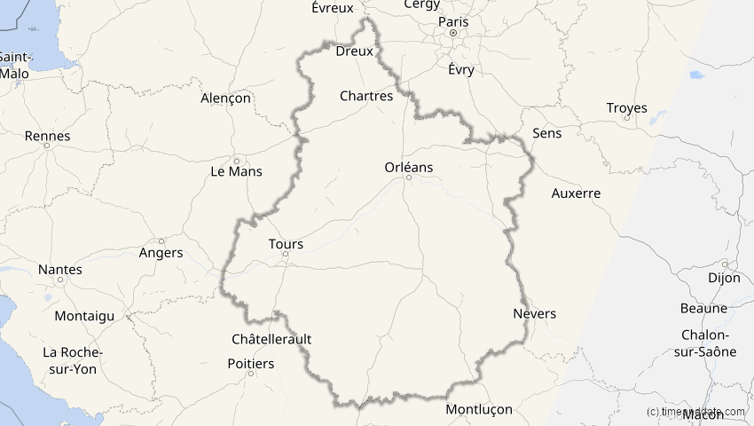 A map of Centre-Val de Loire, Frankreich, showing the path of the 21. Aug 2017 Totale Sonnenfinsternis