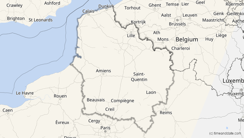 A map of Hauts-de-France, Frankreich, showing the path of the 21. Aug 2017 Totale Sonnenfinsternis