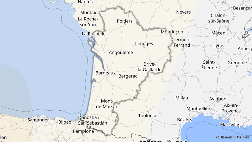A map of Nouvelle-Aquitaine, Frankreich, showing the path of the 21. Aug 2017 Totale Sonnenfinsternis