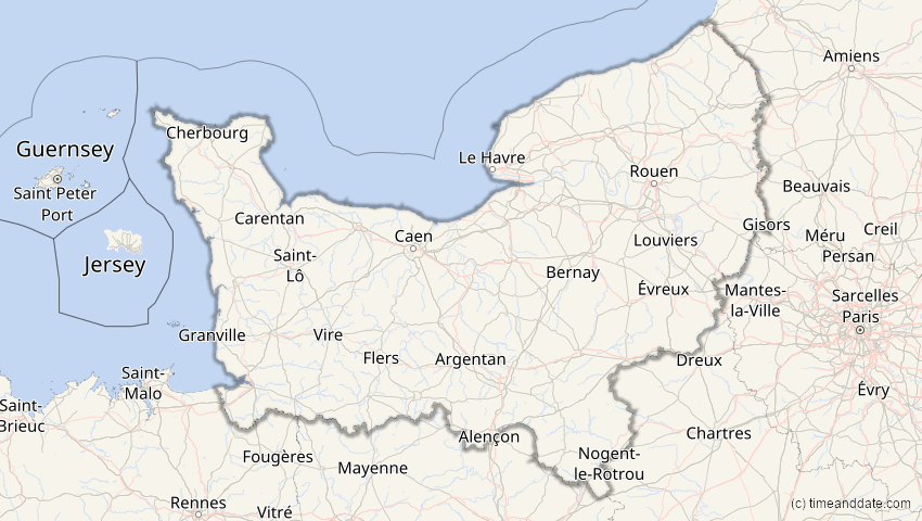 A map of Normandie, Frankreich, showing the path of the 21. Aug 2017 Totale Sonnenfinsternis