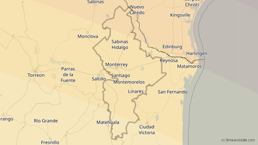 A map of Nuevo León, Mexiko, showing the path of the 21. Aug 2017 Totale Sonnenfinsternis