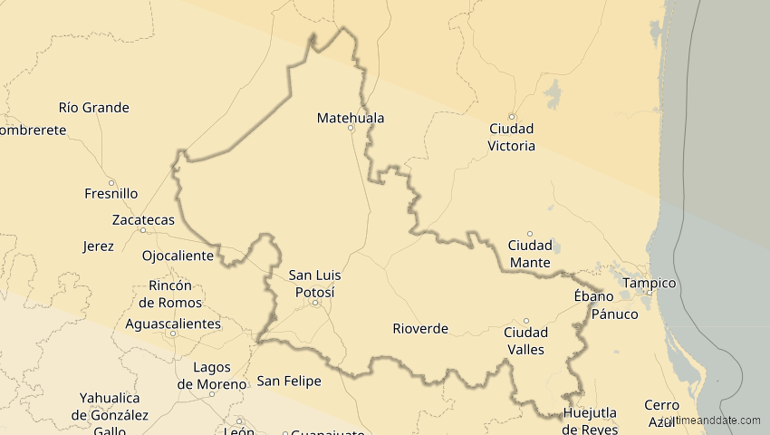 A map of San Luis Potosí, Mexiko, showing the path of the 21. Aug 2017 Totale Sonnenfinsternis