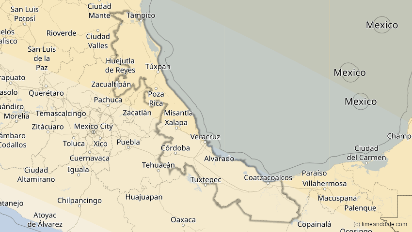 A map of Veracruz, Mexiko, showing the path of the 21. Aug 2017 Totale Sonnenfinsternis