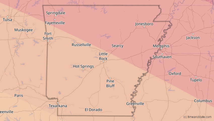 A map of Arkansas, USA, showing the path of the 21. Aug 2017 Totale Sonnenfinsternis