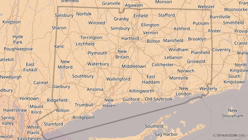 A map of Connecticut, USA, showing the path of the 21. Aug 2017 Totale Sonnenfinsternis