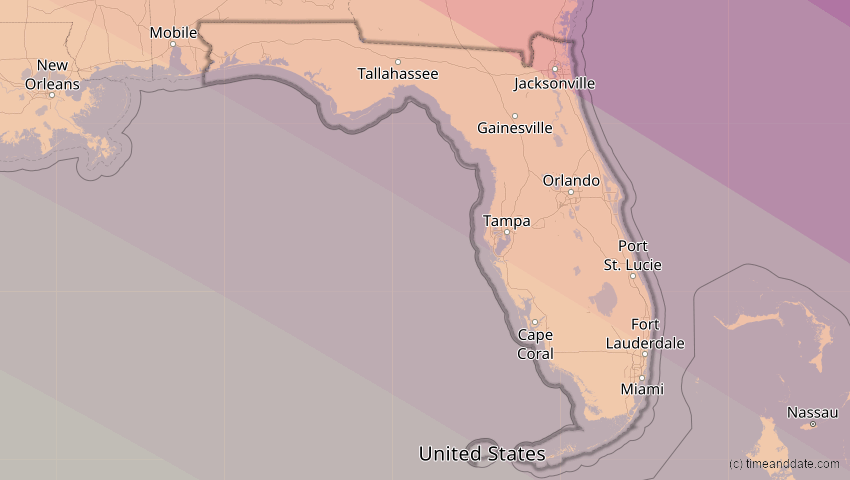 A map of Florida, USA, showing the path of the 21. Aug 2017 Totale Sonnenfinsternis