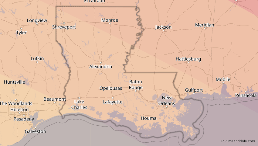 A map of Louisiana, USA, showing the path of the 21. Aug 2017 Totale Sonnenfinsternis
