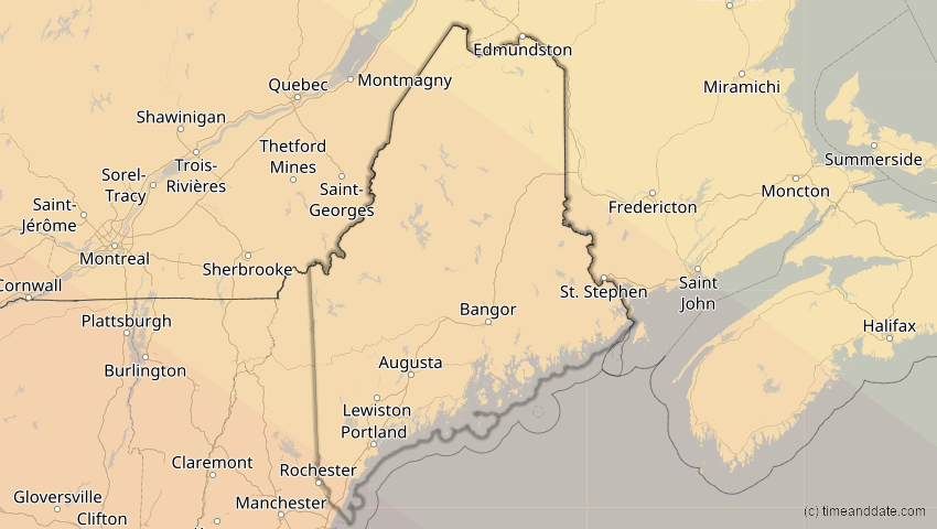 A map of Maine, USA, showing the path of the 21. Aug 2017 Totale Sonnenfinsternis