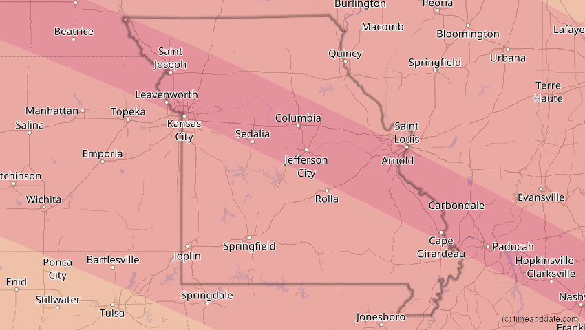 A map of Missouri, USA, showing the path of the 21. Aug 2017 Totale Sonnenfinsternis