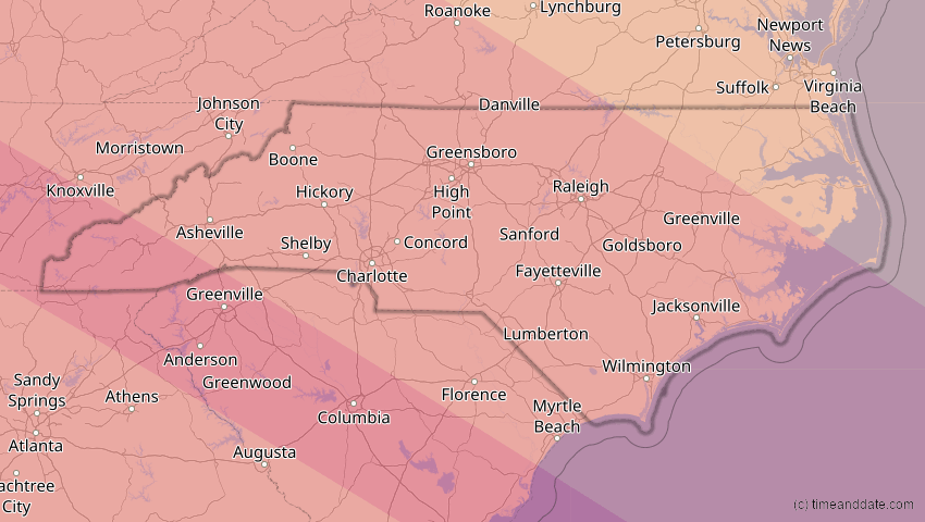 A map of North Carolina, USA, showing the path of the 21. Aug 2017 Totale Sonnenfinsternis