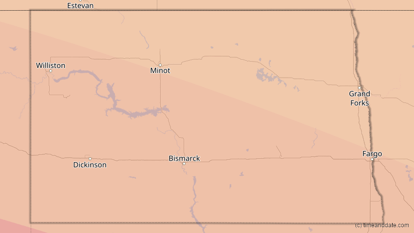 A map of North Dakota, USA, showing the path of the 21. Aug 2017 Totale Sonnenfinsternis