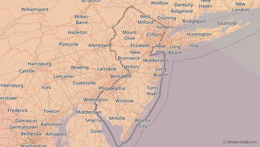 A map of New Jersey, USA, showing the path of the 21. Aug 2017 Totale Sonnenfinsternis