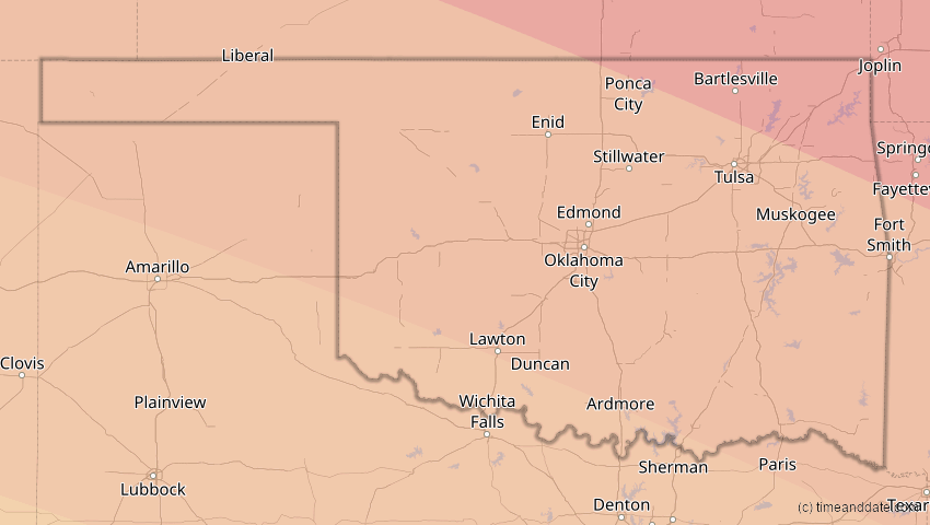 A map of Oklahoma, USA, showing the path of the 21. Aug 2017 Totale Sonnenfinsternis