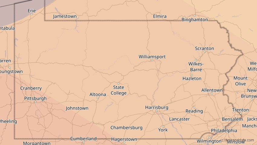 A map of Pennsylvania, USA, showing the path of the 21. Aug 2017 Totale Sonnenfinsternis