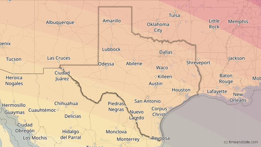 A map of Texas, USA, showing the path of the 21. Aug 2017 Totale Sonnenfinsternis