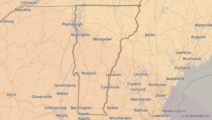 A map of Vermont, USA, showing the path of the 21. Aug 2017 Totale Sonnenfinsternis