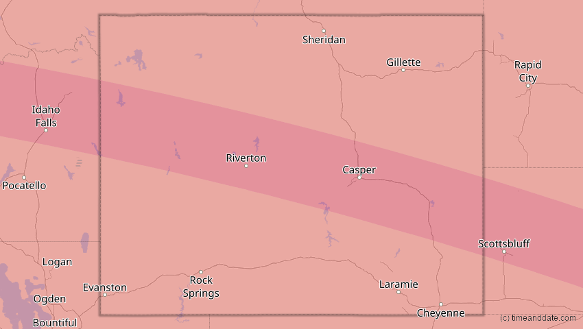 A map of Wyoming, USA, showing the path of the 21. Aug 2017 Totale Sonnenfinsternis