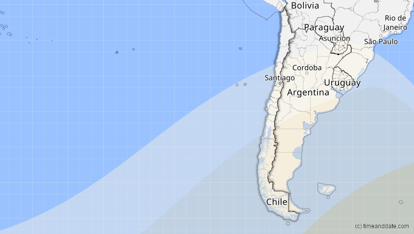 A map of Chile, showing the path of the 15. Feb 2018 Partielle Sonnenfinsternis