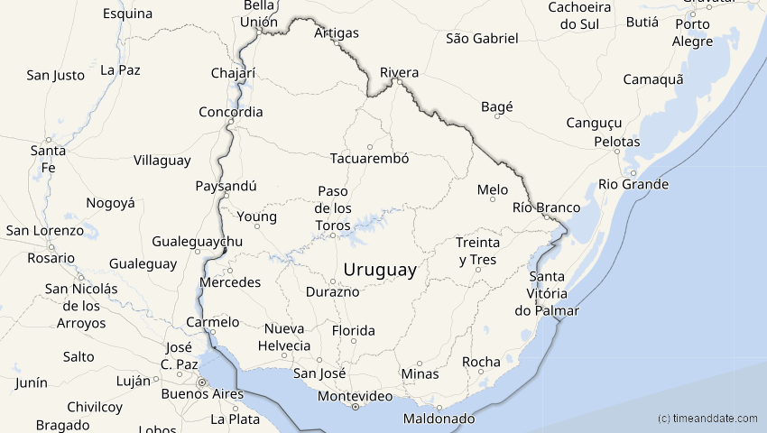 A map of Uruguay, showing the path of the 15. Feb 2018 Partielle Sonnenfinsternis