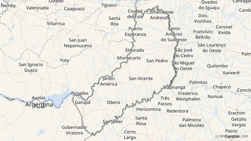 A map of Misiones, Argentinien, showing the path of the 15. Feb 2018 Partielle Sonnenfinsternis