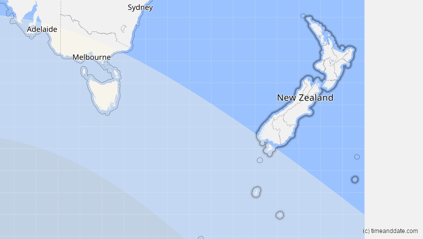 A map of Neuseeland, showing the path of the 13. Jul 2018 Partielle Sonnenfinsternis