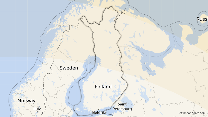 A map of Finnland, showing the path of the 11. Aug 2018 Partielle Sonnenfinsternis